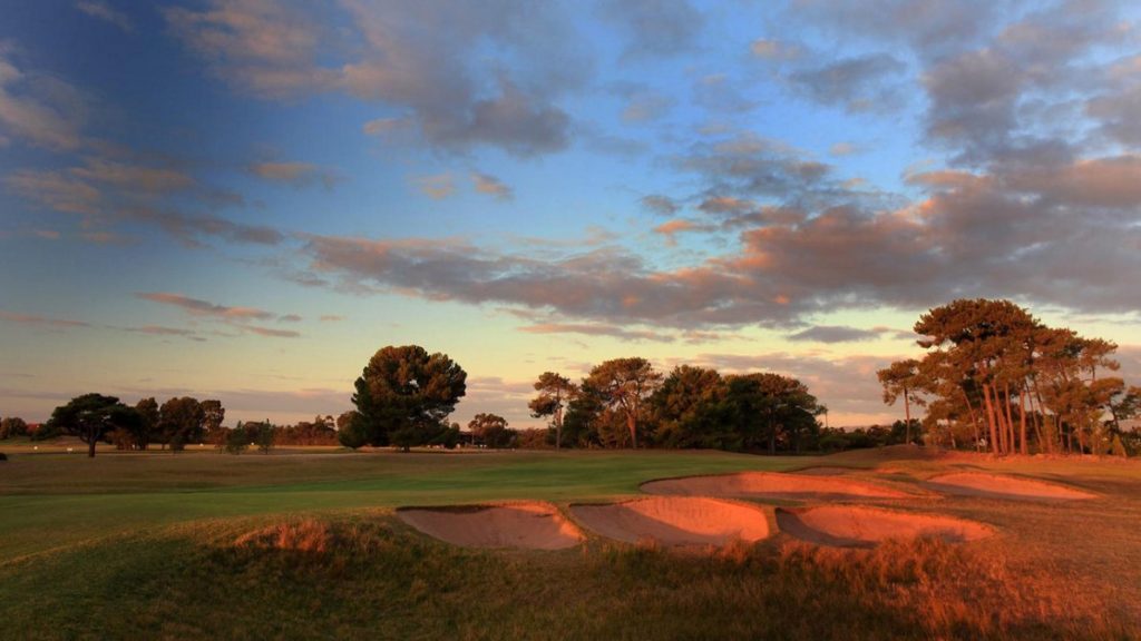 A sunset view of bunkers at The Royal Adelaide Golf Club, Adelaide, SA